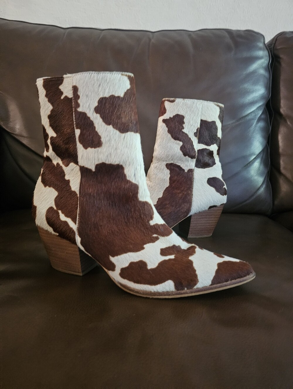 Matisse Leather Cow Ankle Boots - White & Brown Haircalf Booties Size 8 5